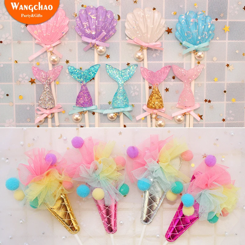 

Glittering Mermaid Shells Ocean Ice Cream Theme Happy Birthday Party Supplies Beauty Cake Topper Decorations Kids Cupcake