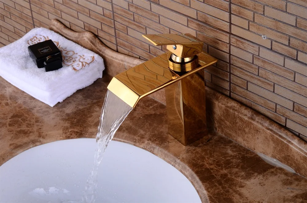 Смеситель для раковины, золотой кран для ванной комнаты, квадратный кран-водопад, кран для горячей и холодной воды, полированный Золотой смеситель для раковины, смеситель XT840