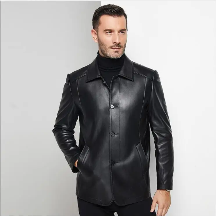 Мужская одежда для отдыха на пуговицах среднего возраста, куртка из натуральной овечьей кожи, мужская куртка с отложным воротником из натуральной кожи, костюм для папы, черный, кофейный