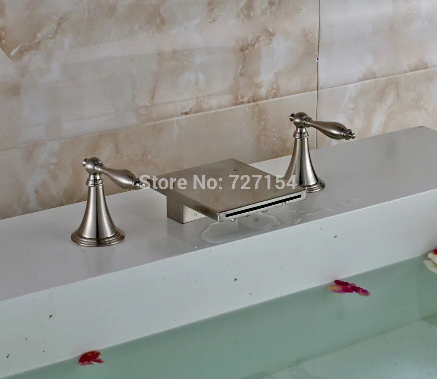 

Nickel Brushed Finish Bathroom Basin Faucet Dual Handles Sink Mixer Deck Mounted