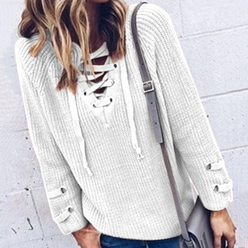 

plus size women sweaters sexy lace up v-neck 2018 fall fashion solid pullover long sleeve knit casual female knitted sweater
