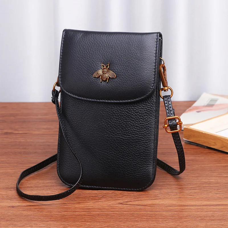 

Genuine Leather Women Mobile Phone Bags Fashion Small Change Purse Female Woven Buckle Shoulder Bags Mini Messenger Bag Black