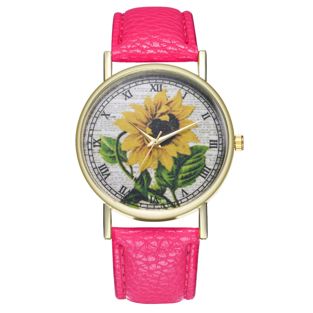 Простые роскошные часы из искусственной кожи, кварцевые наручные часы с рисунком подсолнуха, женские парные часы, ювелирные изделия WS& 50 - Цвет: Hot Pink
