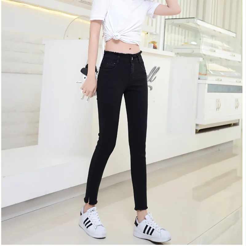 Летние женские черные джинсы длиной до щиколотки, студенческие Стрейчевые обтягивающие женские брюки-карандаш с высокой талией и кисточками, джинсовые женские брюки