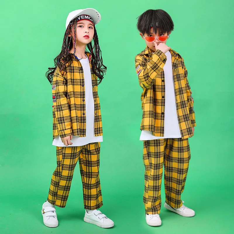 2019 New Children Hip-hop Street Dance Performance Costume Autumn Boys Girls Loose Jazz Dance Show Yellow Plaid Shirt Pants Set (13)
