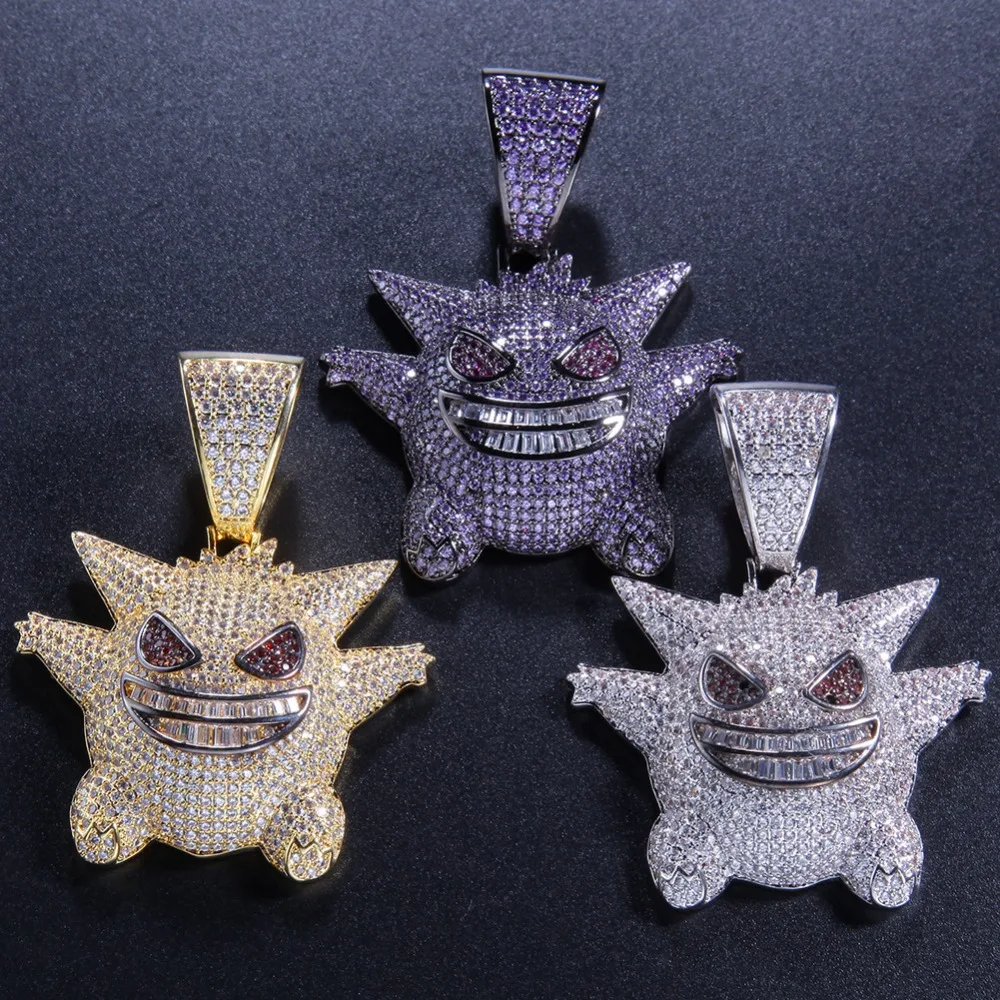 Синий AAA CZ циркон проложили Bling Ice Out маска покемона Gengar кулон ожерелье для мужчин хип хоп рэппер ювелирные изделия с 5*700 мм кубинская цепь