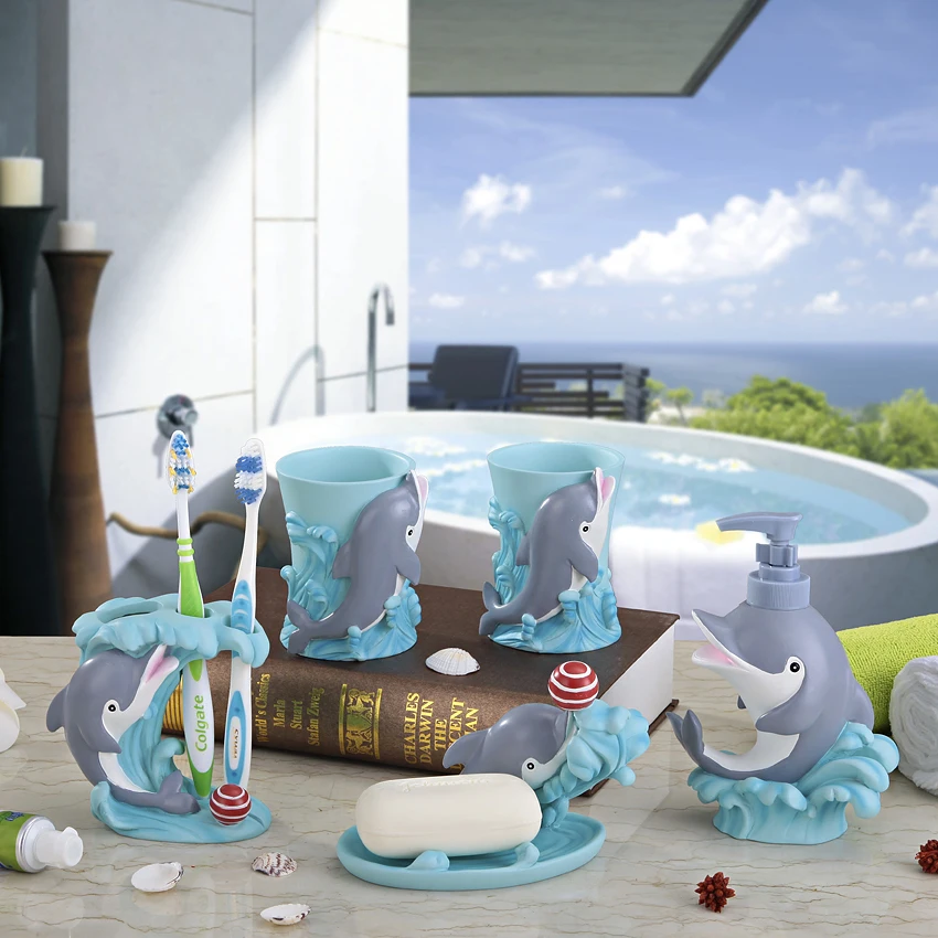 us $102.45 |creative children dolphin high grade resin bathroom set five  piece set bathroom accessories ems dhl free shipping g173-in bathroom