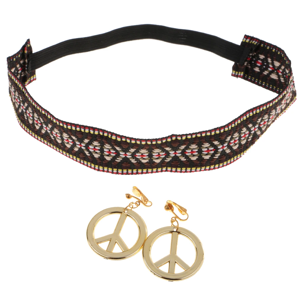 

Boho Hippie Headband Gold Peace Sign Dangle Earrings Kit Women Costume Perfect Kit for Halloween Christmas Fancy Dress