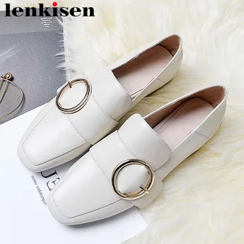 

Lenkisen 2019 Spring Autumn brand low heels square toe metal fastener full grain leather classic square toe slip on pumps L22
