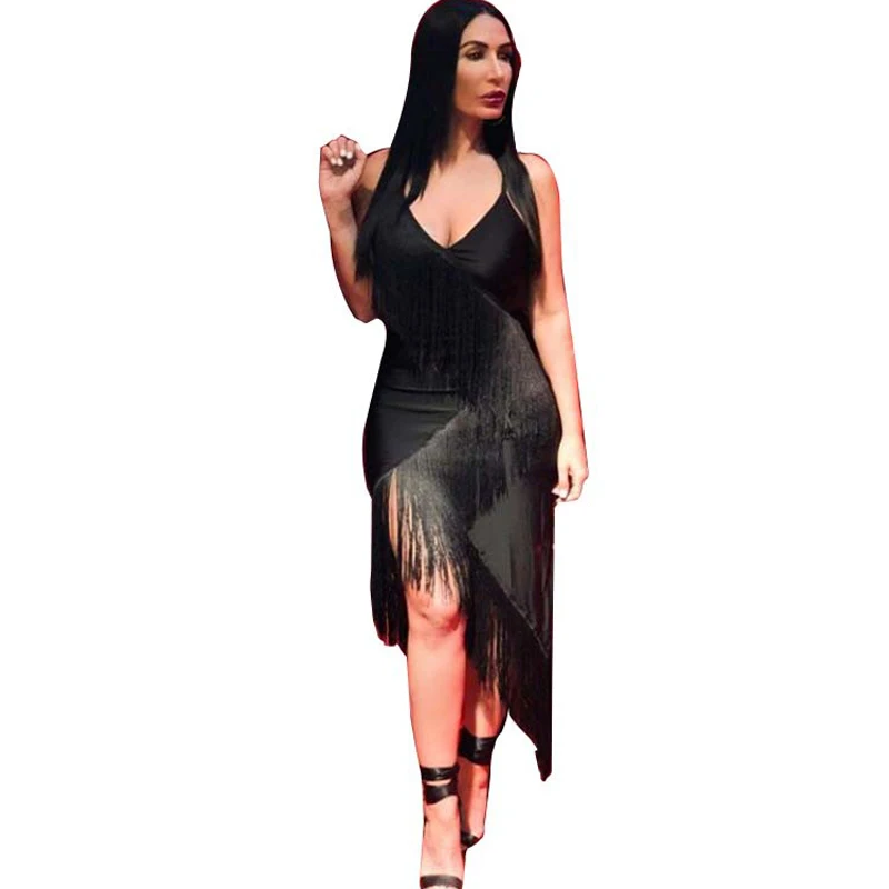 

fringed sexy nightclub dress solid color sling irregular dress large size women's dress