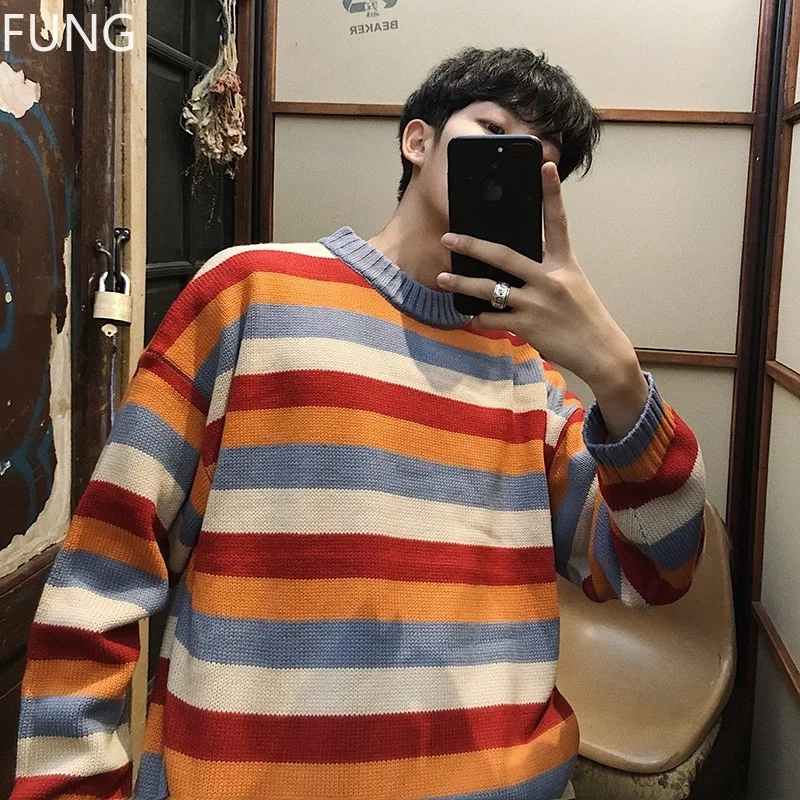 

FUNG Men's Sweater New BF Style Autumn and Winter Rainbow Stripe Loose Sweaters Men's and Women's Knitted Pullovers Sweater Men
