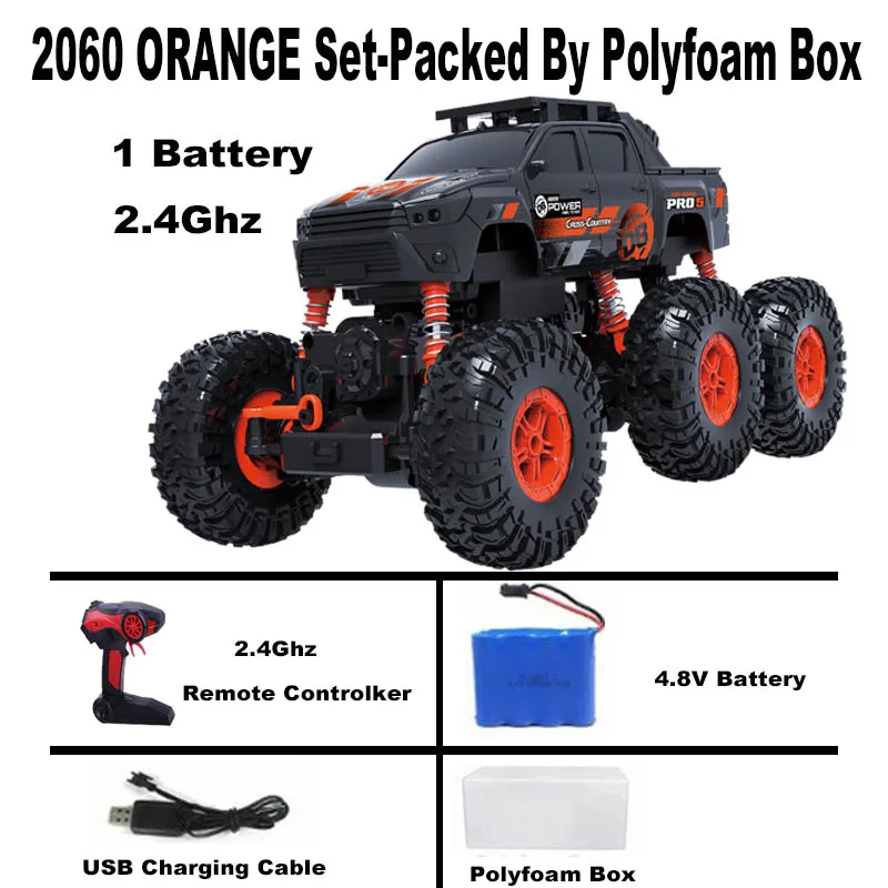 1/16 RC Car 6WD drive remote climbing car Double Motors Drive Bigfoot Cars 2.4Ghz Electric RC Toys High Speed Off-Road Vehicle - Color: 2060 orange