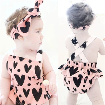 

2018 Newborn Baby Girls Sleeveless Summer Backless Heart Bodysuit Jumpsuit Valentine Pink Sweet Ruffle Clothes Summer Outfits