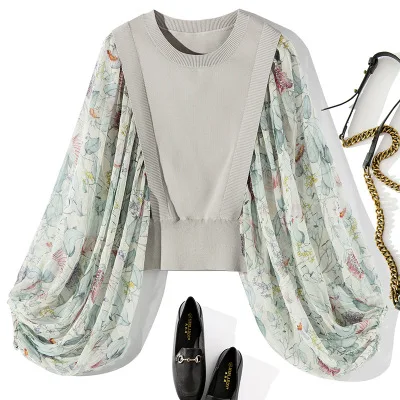 Весенне-летние модные пуловеры и свитера для женщин с цветочным принтом в стиле пэчворк с рукавами-фонариками винтажные Топы женские повседневные джемперы - Цвет: gray