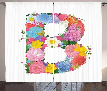 

Letter B Curtains Romantic ABC Sign with Fresh Spring Blossoms Colorful Feminine Alphabet Design Living Room Bedroom Window