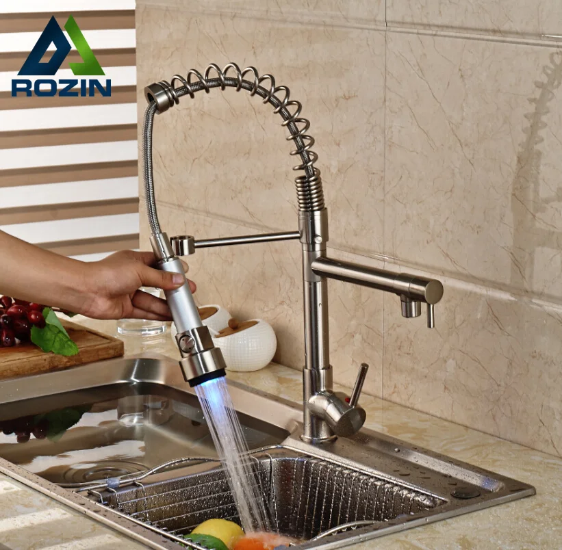 

LED Color Changing Dual Spout Spring Kitchen Sink Faucet Swivel Spout Pull Down Hot and Cold Water Mixer Tap