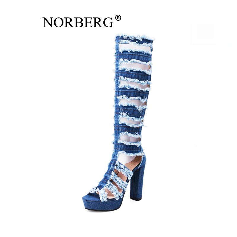 

NORBERG new women sandals denim cool boots ladies high heels thick with casual shoes wild fashion style