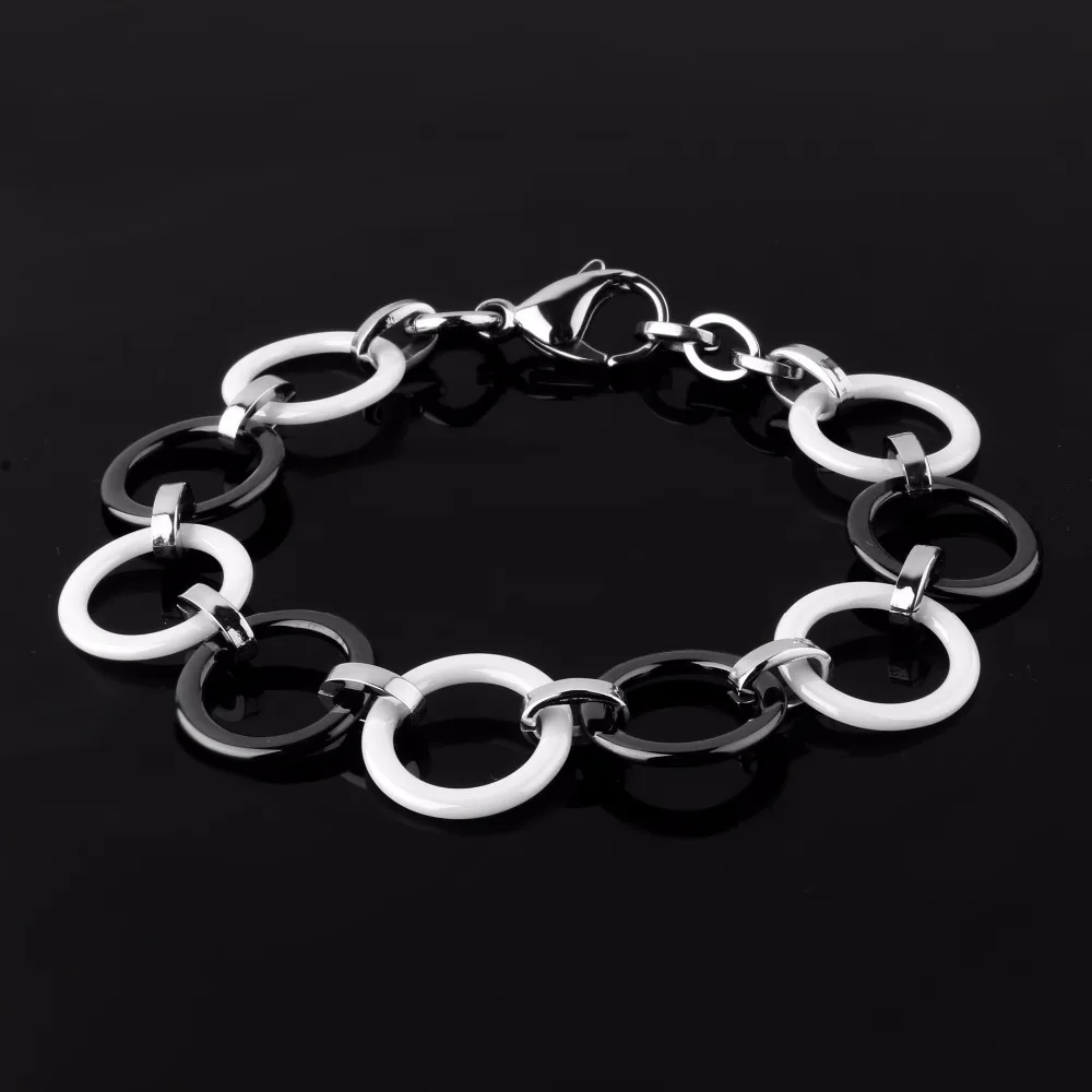 Fashion Black White Cross Ceramic Charm Bracelet For Women Stainless Steel Hollow Round Circle Ceramic Bracelet Handmade Jewelry