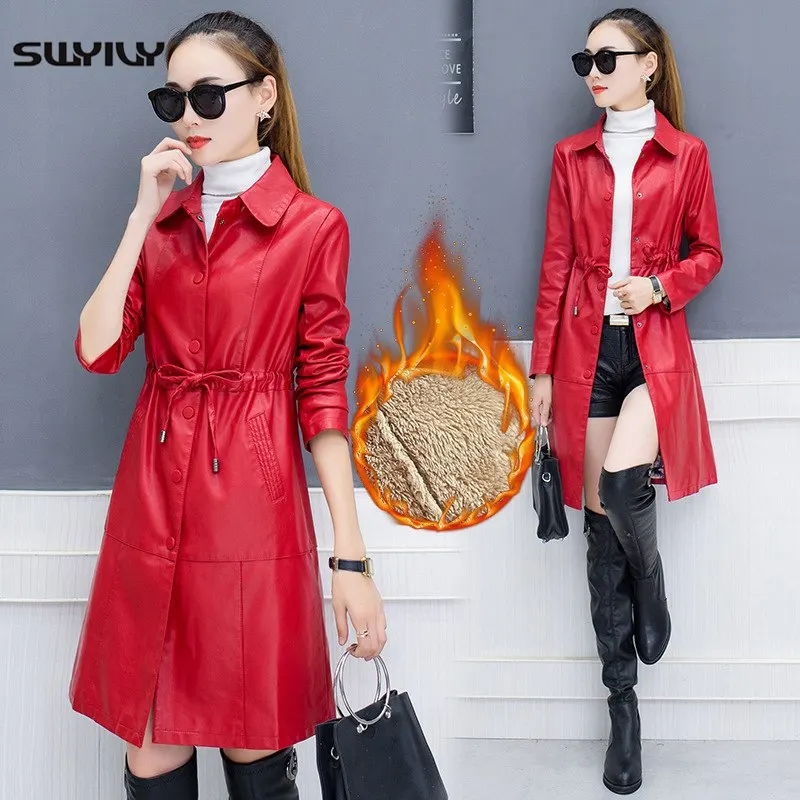 SWYIVY Leather Jacket Coats Women Velvet Fur Warm winter PU Motobiker wear 2019 Spring Autumn Female Long Jackets Leather Coat