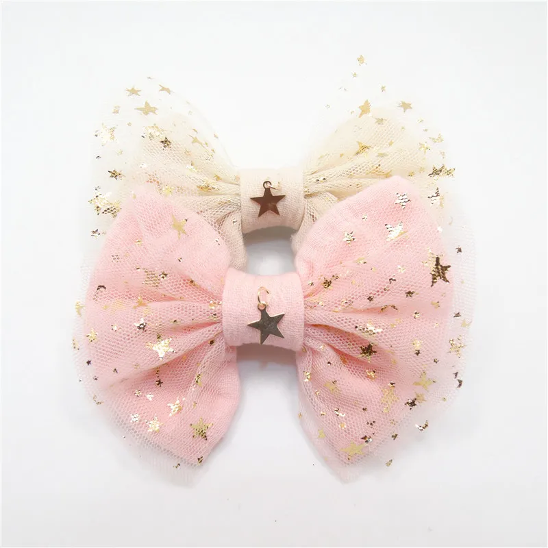 

10pcs/lot Fairy Girl Hair Bow Clip Gold Copper Star Pendant Light Cream Pink Glitter Star Tulle Bow Knot Barrette Sweet Hairpin