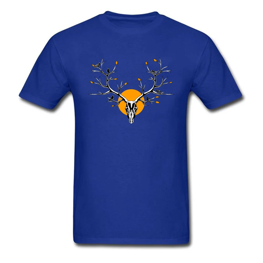 Deer Skull 100% Cotton Fabric Casual Tops & Tees Retro Short Sleeve Mens T Shirt Street VALENTINE DAY Clothing Shirt Round Neck Deer Skull blue