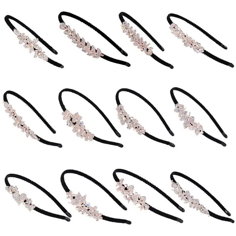 

12 Styles Women Luxury Wedding Headband Glitter Rhinestone Flower Charms Hair Hoop Princess Party Anti-Slip Cloth Wrap Headpiece