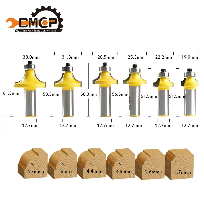 

CMCP 6pcs Bead Router Bit Set 1/2*1/4 1/2 5/8 3/4 7/8 Woodworking 1/2 Shank Milling Cutter Roundover Bit for Wood Drill