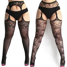 New sexy women’s fishnet tights plus size lace suspender tights high stockings shirt club embroidery lace hot#4
