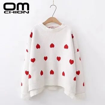 

OMCHION Pull Femme 2019 Autumn Winter O Neck Women Sweaters And Pullovers Heart Sweet Knitted Sweater Loose Jumper LMY159