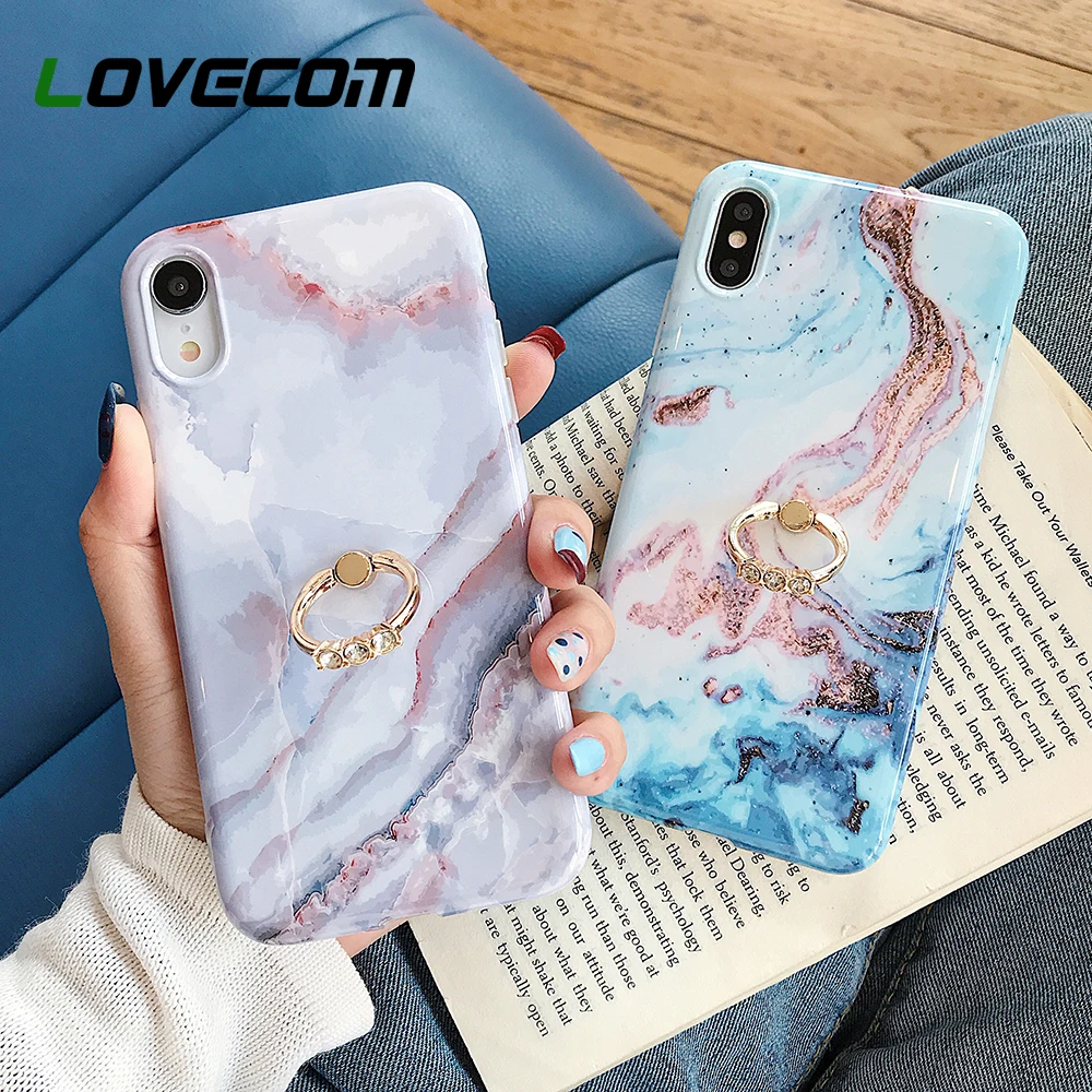 

LOVECOM Marble Ring Holder Phone Case For iPhone XR X XS Max 7 8 6S Plus Cover Full Body Protector Soft Smooth Kickstand Shell