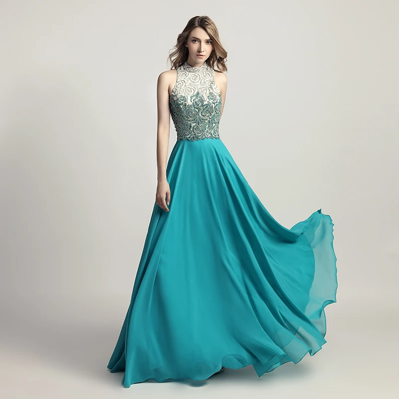 New Arrival Chiffon Black Long Prom Dresses with Full Top Beading High Neck Open Back Formal Evening Wear Cheap Party Gown LX419