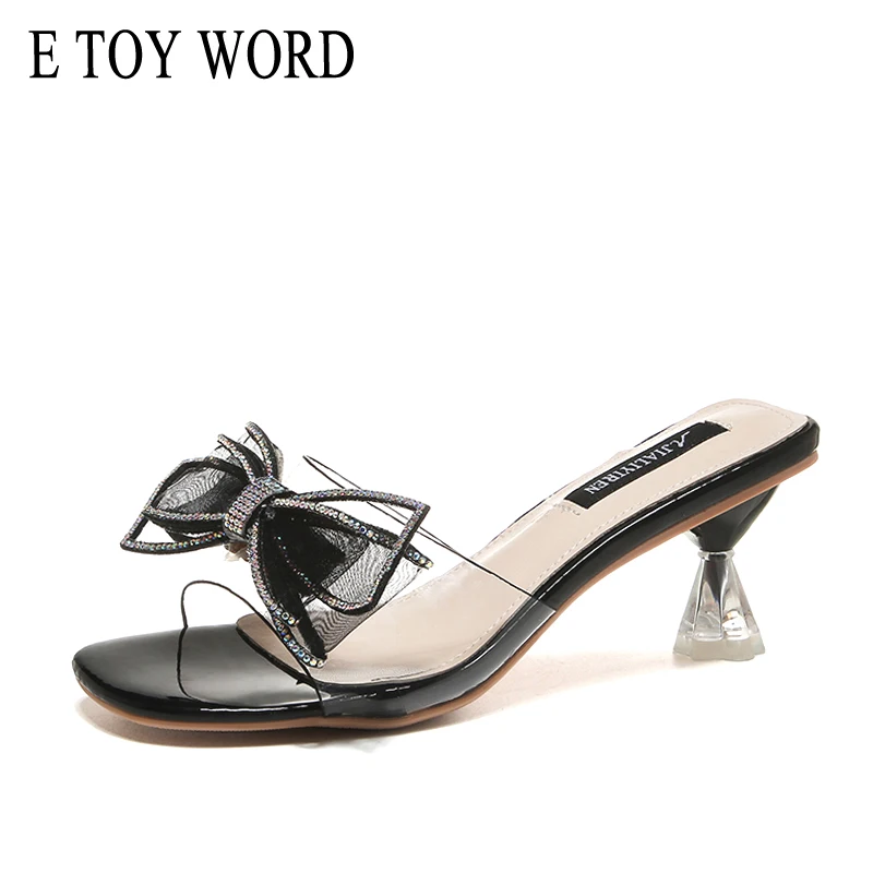 

E TOY WORD Mid-heel slippers female 2019 new transparent slippers women shoes summer wild rhinestone bow fashion women slippers