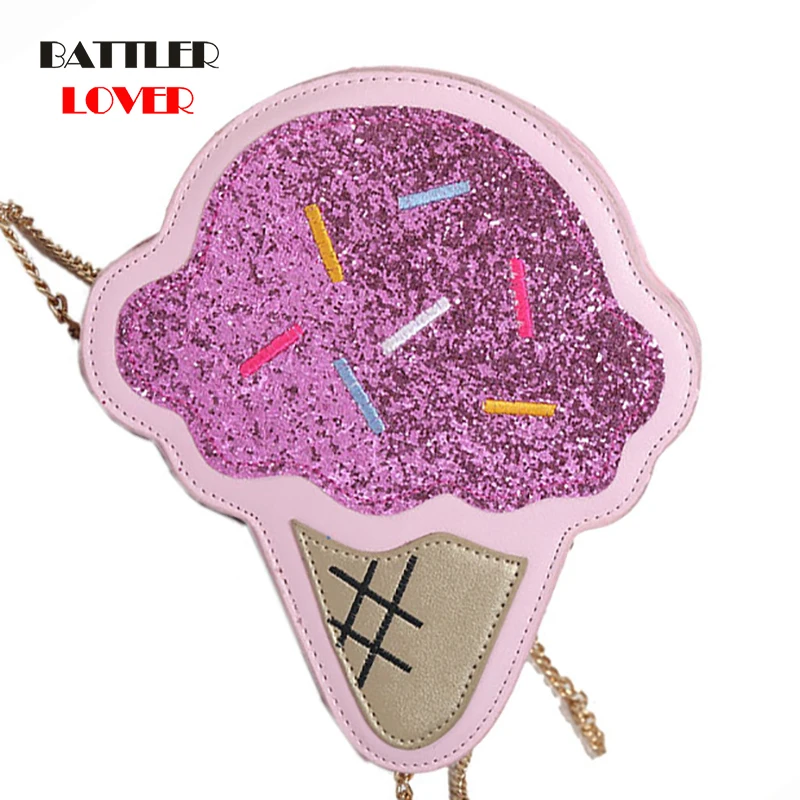 Cute Fun Ice Cream Shape Bags Leather Sequin Embroidery Ladies Chain Purse Casual Shoulder Bag Tote Crossbody Mini Messenger Bag