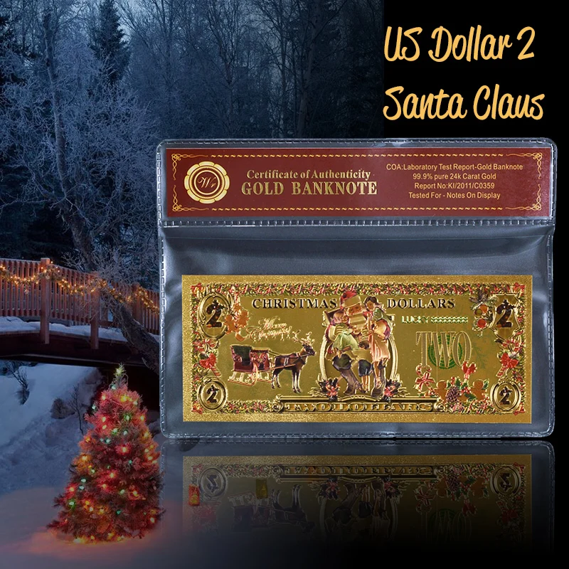 

WR Merry Christmas Metal Gold Foil Banknotes Colorful USD 2 Dollar with PVC Frame Golden Banknote Business Promotion Gift