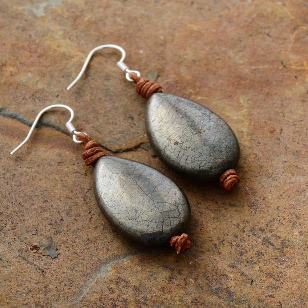 

Women Earrings Jewelry Teardrop Pyrite Healing Crystal Leather Earring Homme Holiday Gifts