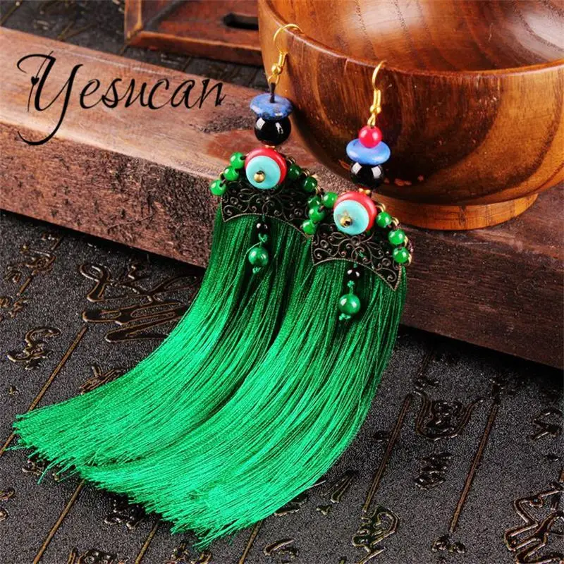 

Yesucan Retro Bohemia Long Tassel Drop Earrings Handmade Colorful Green Stone Earring Ethnic Style For Women Bride Wedding Gift