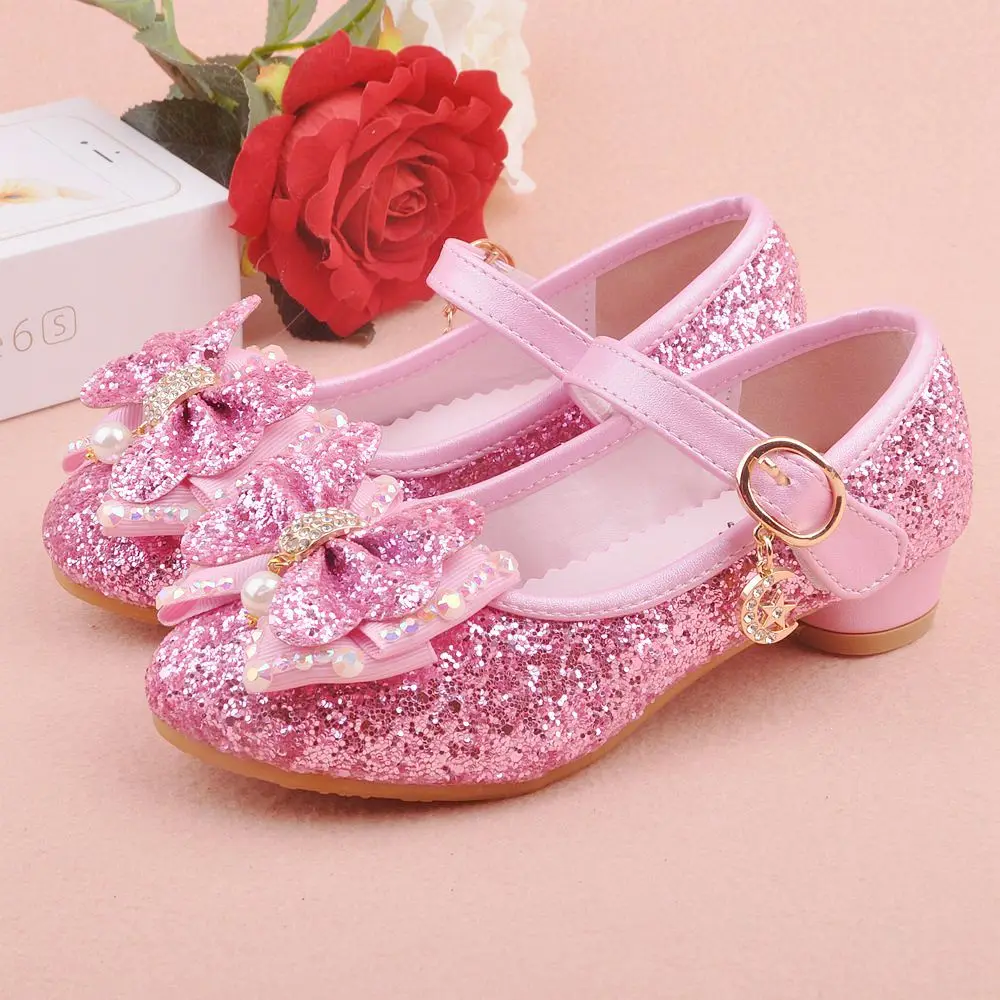 

Bowtie Girls Dance Shoes High Heels 2018 Spring New Student Children's Korean Rhinestone Performance Princess Shoes