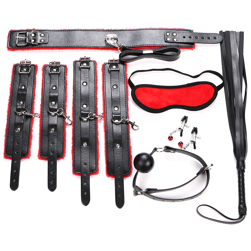 Sex Bondage Kit 7 Pcs Set Sexy Products Adult Games Sex Toy Set Hand Cuffs Footcuff Whip Rope