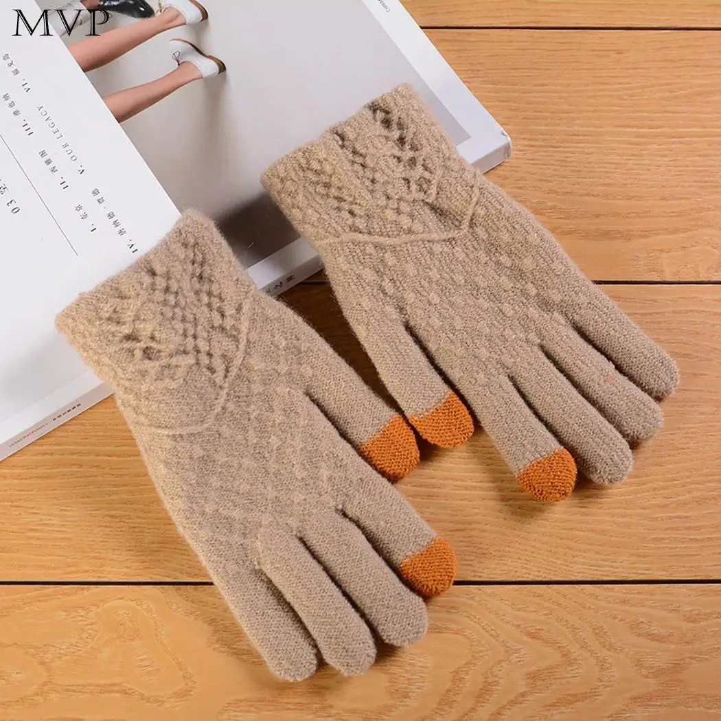 Женские модные шерстяные вязаные перчатки теплые зимние повседневные наручные перчатки - Цвет: khaki