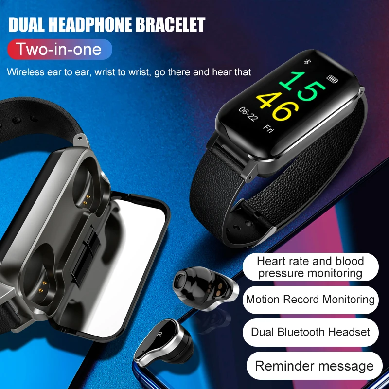 

T89 Smart Wireless Bluetooth Headphone Fitness Bracelet Heart Rate Blood Pressure Monitor Smart Wristband Sport Watch Man Women