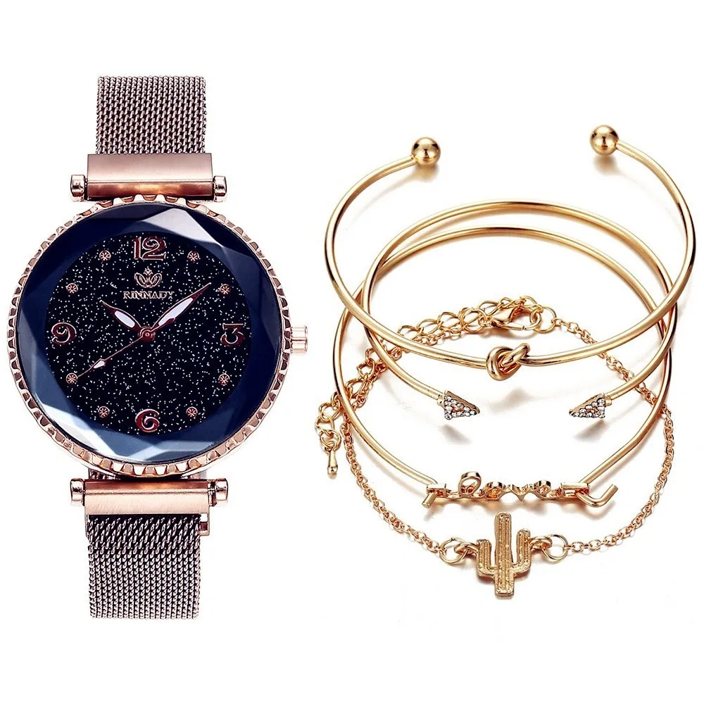 1-rose gold-5pc 5 шт./компл. Роскошные Брендовые женские часы Звездное небо магнит часы, модная обувь с пряжкой повседневные женские наручные часы с римскими цифрами простой браслет - Цвет: 1-rose gold-5pc