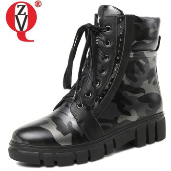 

ZVQ 2019 winter newest fashion women shoes camouflage genuine leather boots med square heel platform zip cross-tied ankle boots
