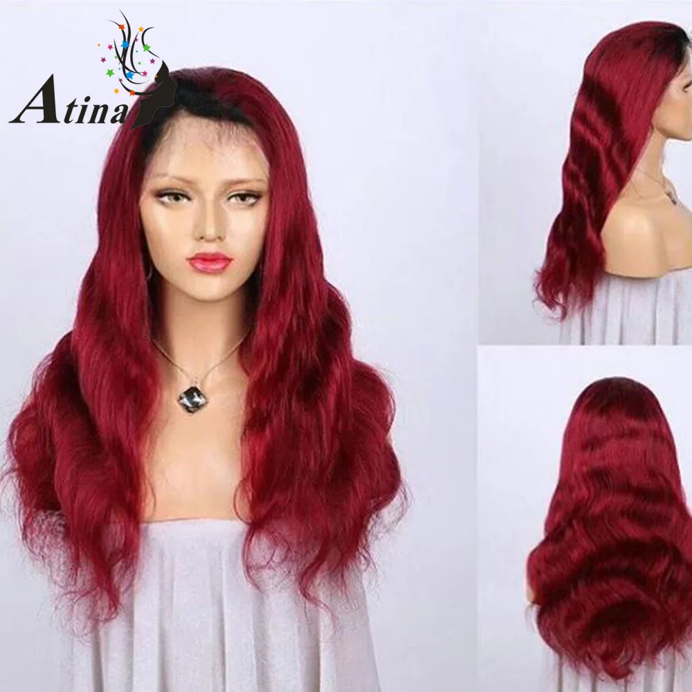 Ombre Red Remy Lace Front Wig Deep Wave Ombre Human Hair Wig Dark Root
