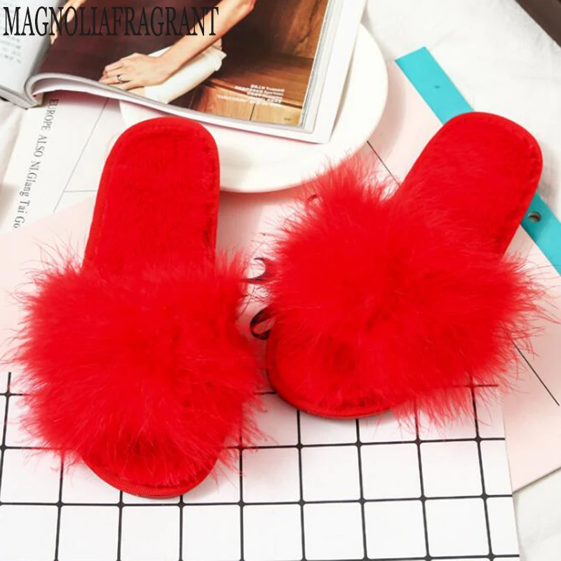 

Fur Slides Women Ostrich Comfortable Home Slippers Feathers Fluffy Sweet Shoes Pantufa Fashion Flip Flops pantoufle femme b5