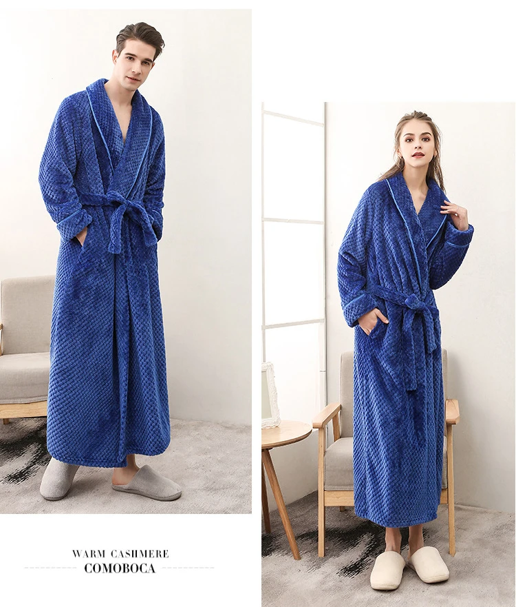 Winter Male Femlae Bathrobe Flannel Thick Robe Long Sleeve Soft Warm Bathrobe Men Women Home Wear Gown Robes Dressing Gown     3