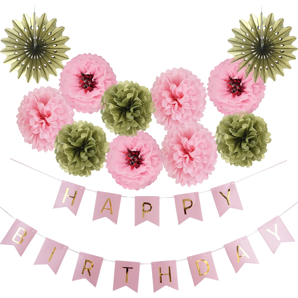

12pcs/set Pink Gold Paper Crafts Chrysanth Pom Poms Flowers Set Happy Birthday Banner Cut-out Paper Fans Birthday Party Decor