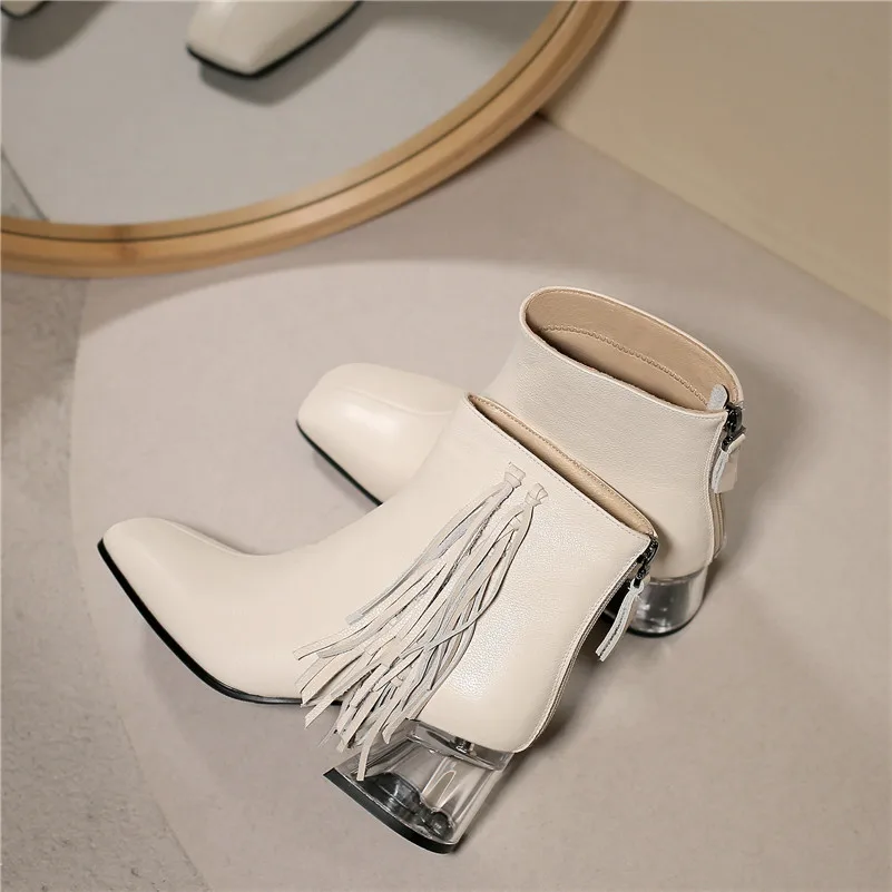 FEDONAS Sweet Women Genuine Leather Back Zipper Side Fringe Decoration Ankle Boots Square Toe Strange High Heels Shoes Woman