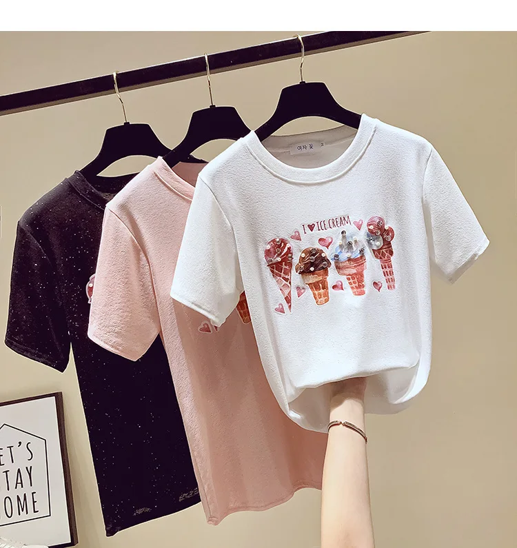 

I love Ice Cream Pearl Beading Tshirt Fashion Women Summer T Shirt Sequined diamond Tops 2019 Funny Kawaii Feminino Tshirts