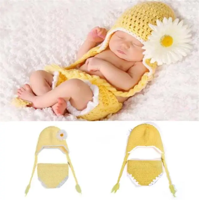 

Crochet Chrysanthemum Baby Girl Photo Props Crochet Daisy Flower Newborn BABY Costume Hat&Shorts Set Infant Outfits