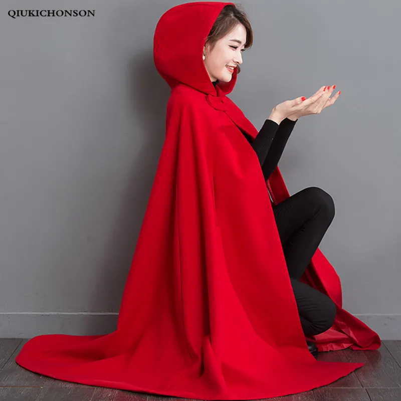 

2019 Autumn Winter Womens Capes Red Hooded Poncho Woolen Coats Batwing Long Cloak capas y ponchos damas
